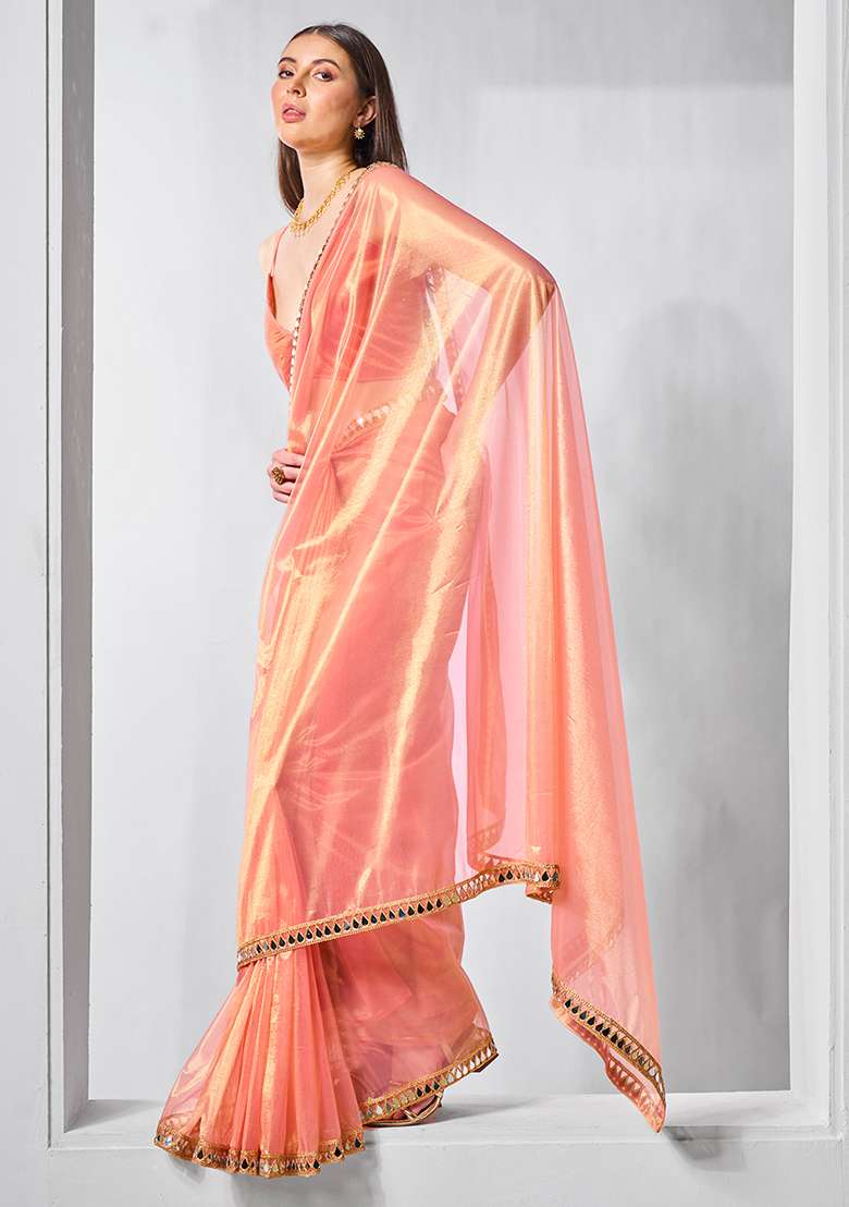Orange Abstract Print Net Saree Set - Indya