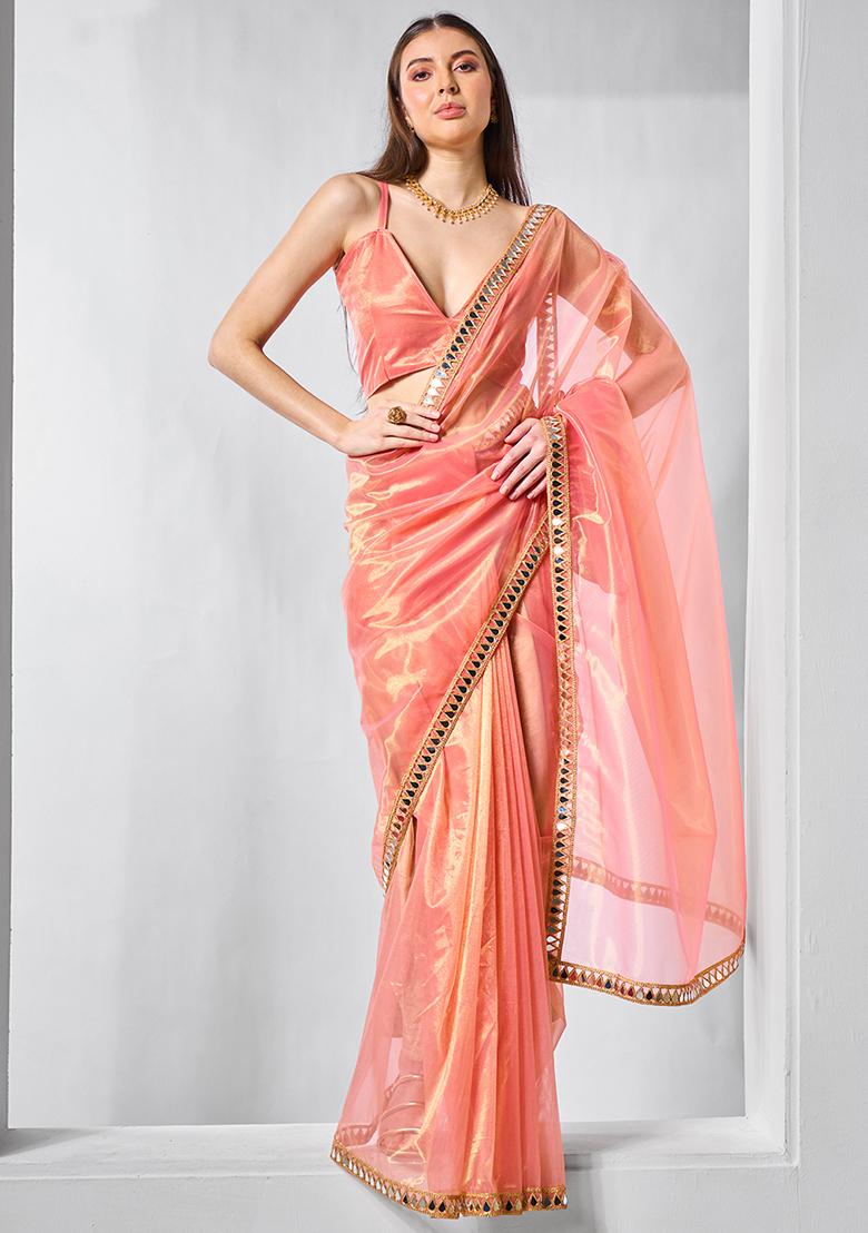 Orange Abstract Print Net Saree Set