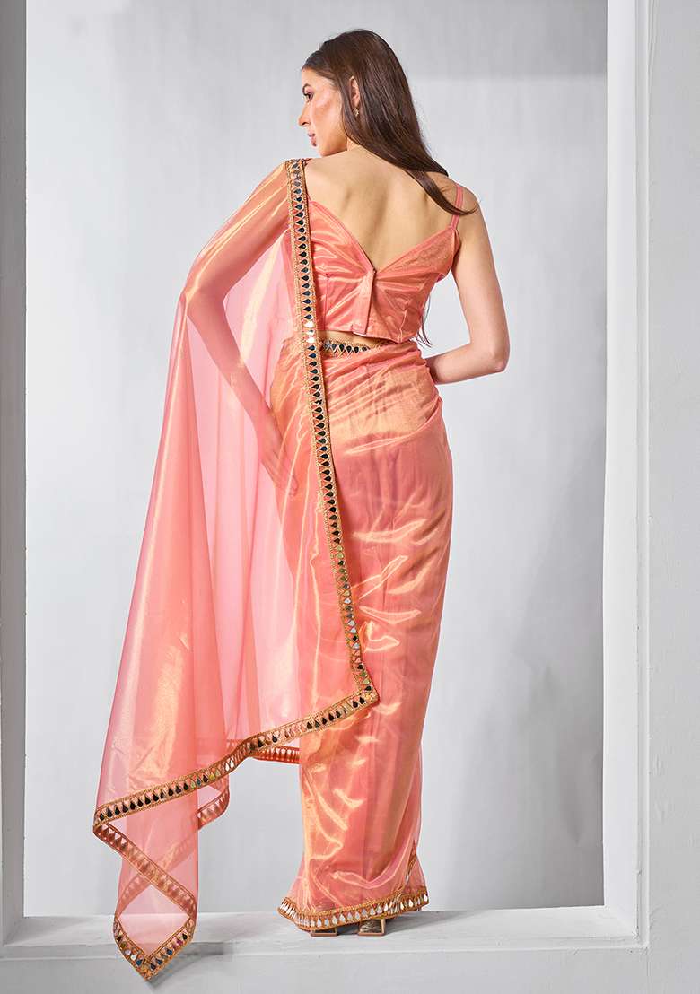 Orange Abstract Print Net Saree Set - Indya