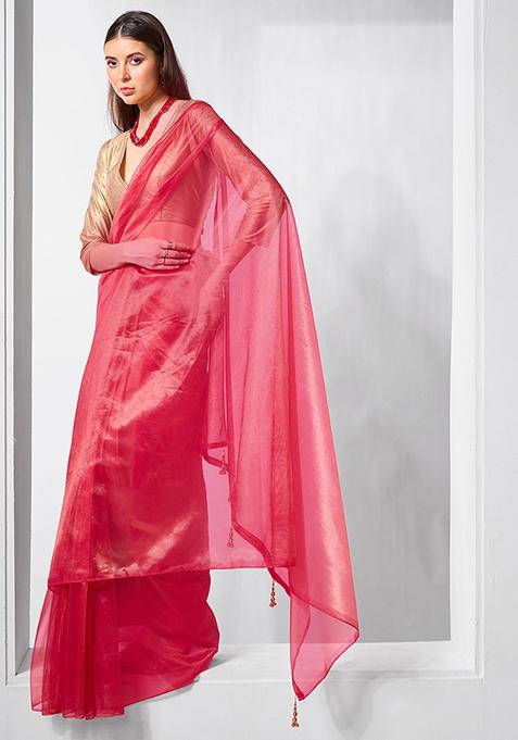 Red Abstract Print Net Saree Set