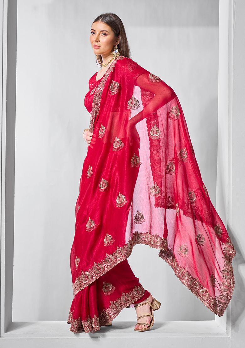 Red Embroidered Chiffon Saree Set