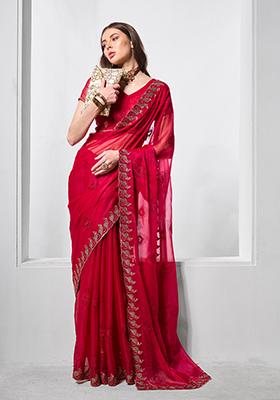 Red Embroidered Chiffon Saree Set