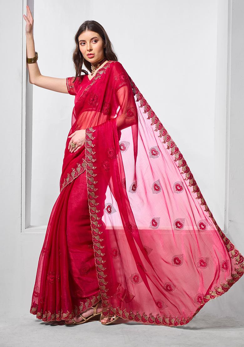 Red Embroidered Chiffon Saree Set