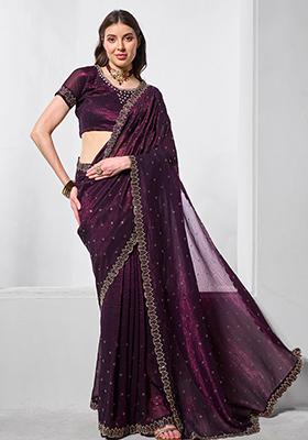 Wine Embroidered Chiffon Saree Set