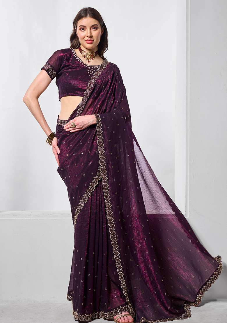 Wine Embroidered Chiffon Saree Set - Indya