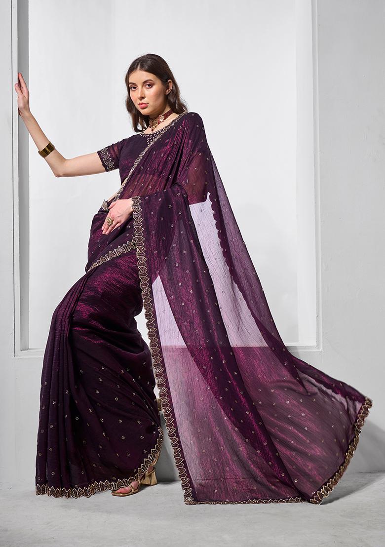 Wine Embroidered Chiffon Saree Set