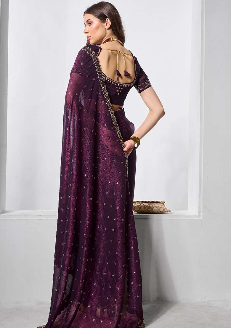 Wine Embroidered Chiffon Saree Set - Indya