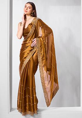 Brown Embroidered Chiffon Saree Set
