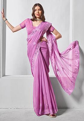 Purple Embroidered Chiffon Saree Set