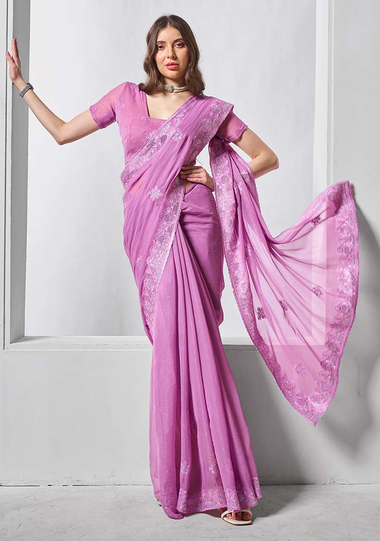 Purple Embroidered Chiffon Saree Set - Indya