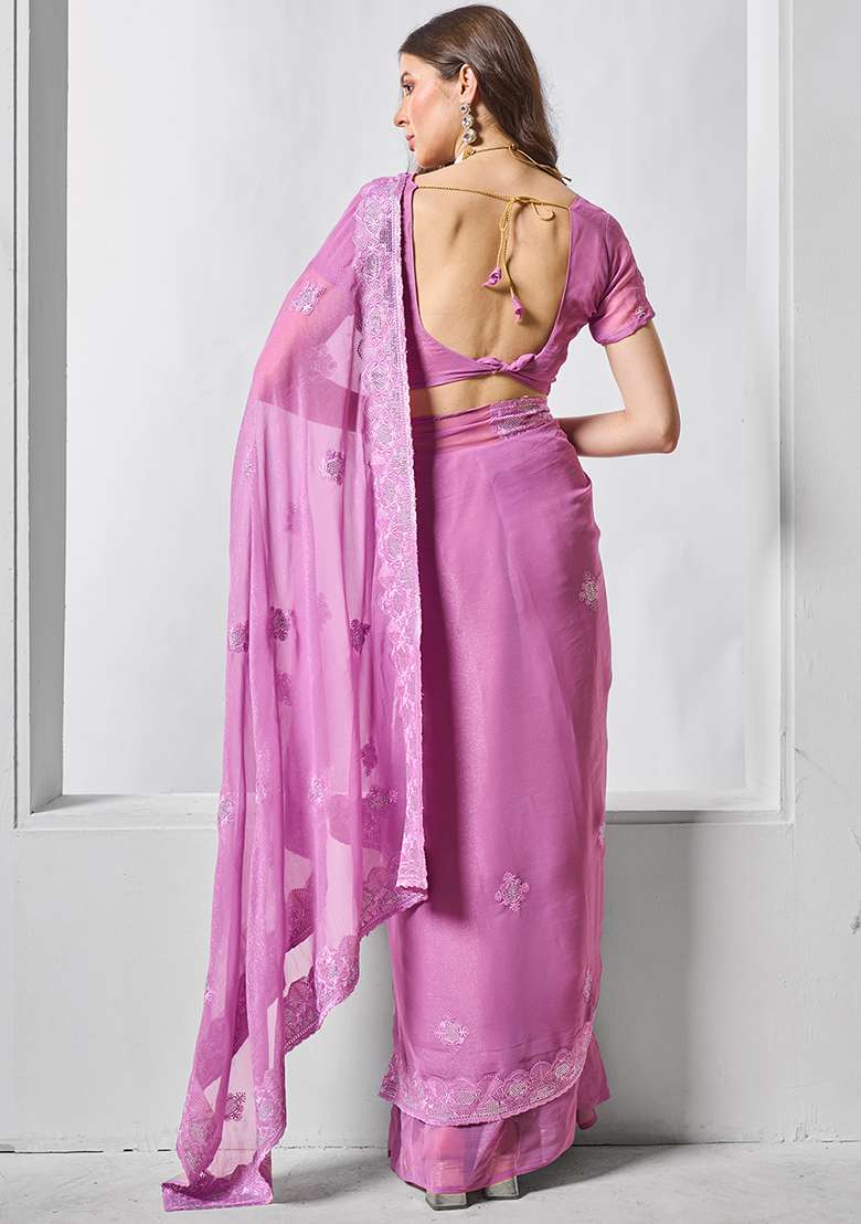 Purple Embroidered Chiffon Saree Set - Indya