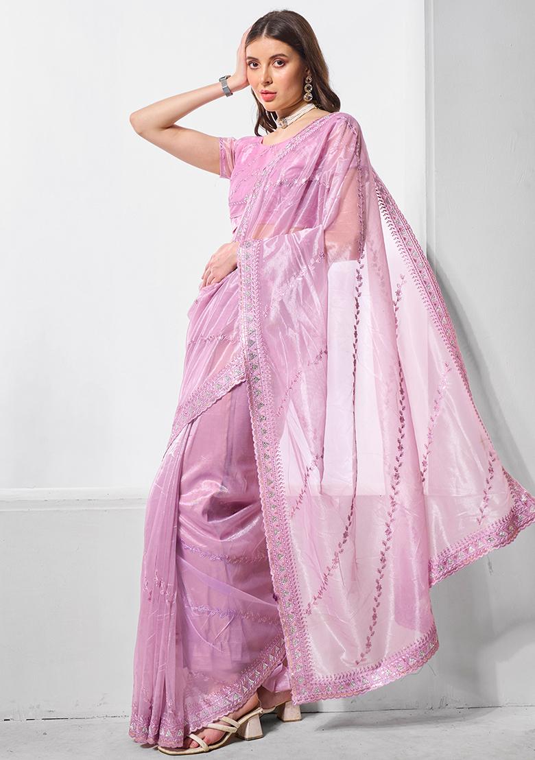 Purple Embroidered Net Saree Set