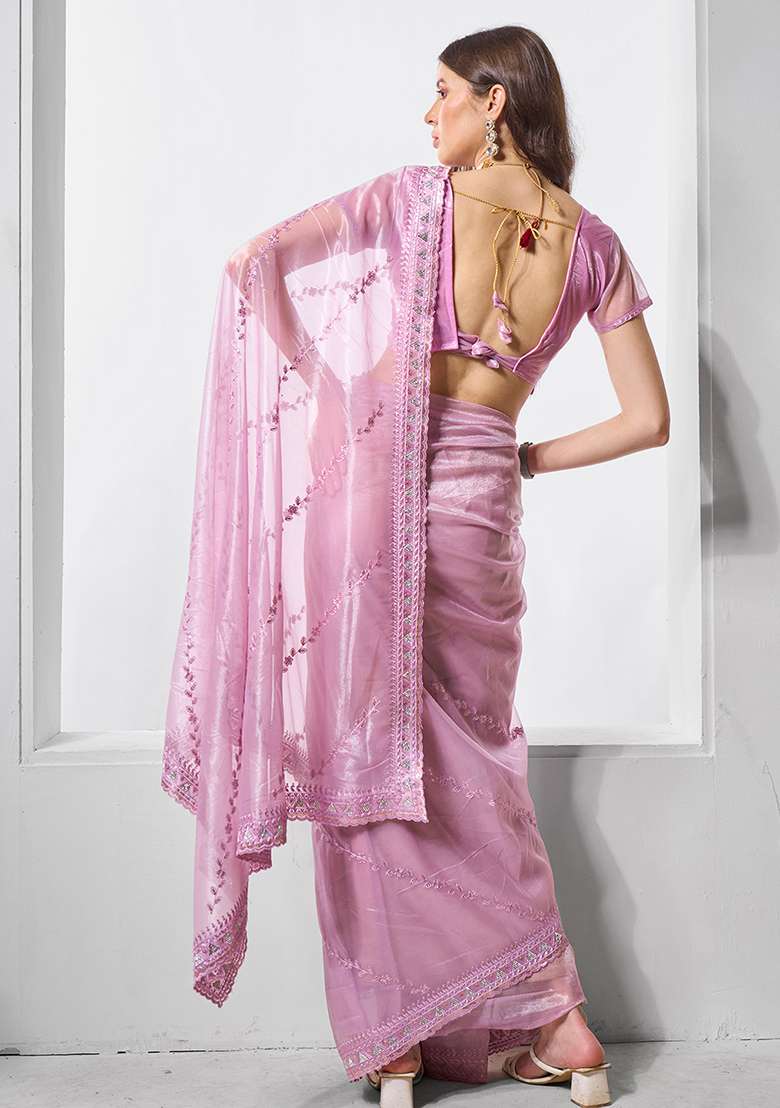 Purple Embroidered Net Saree Set - Indya