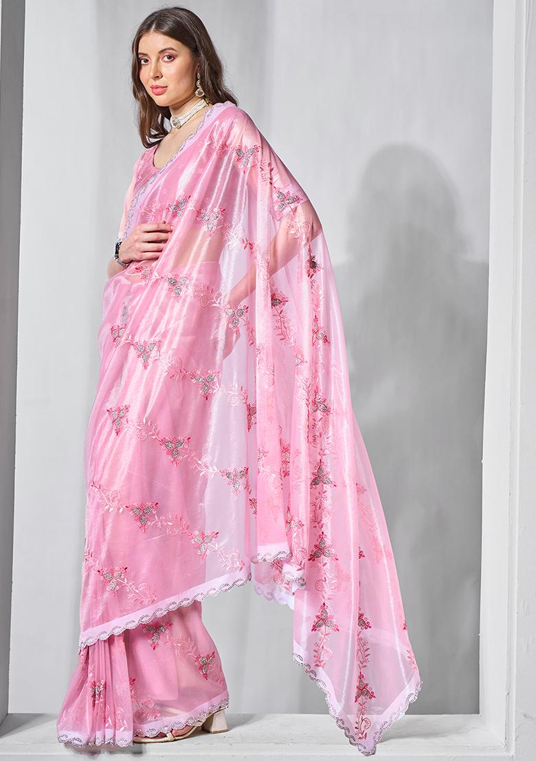 Pink Embroidered Net Saree Set