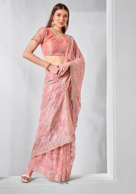 Peach Embroidered Net Saree Set
