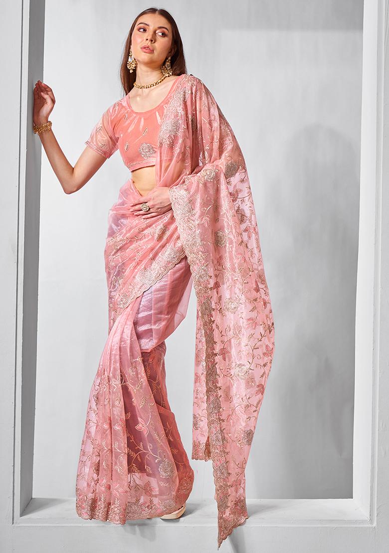 Peach Embroidered Net Saree Set