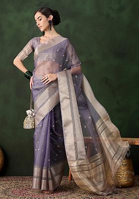 Lavender Zari Woven Organza Saree Set