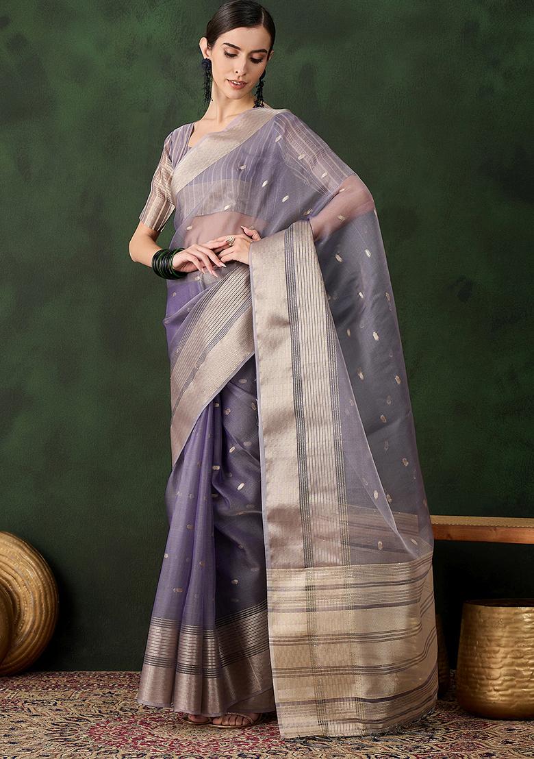Lavender Zari Woven Organza Saree Set
