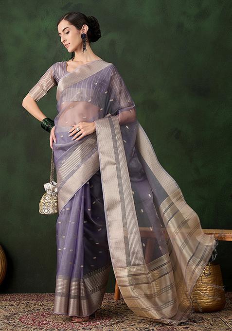 Lavender Zari Woven Organza Saree Set