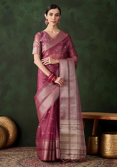 Magenta Zari Woven Organza Saree Set