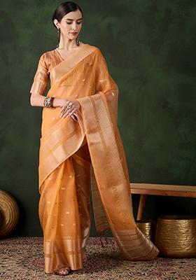 Orange Zari Woven Organza Saree Set
