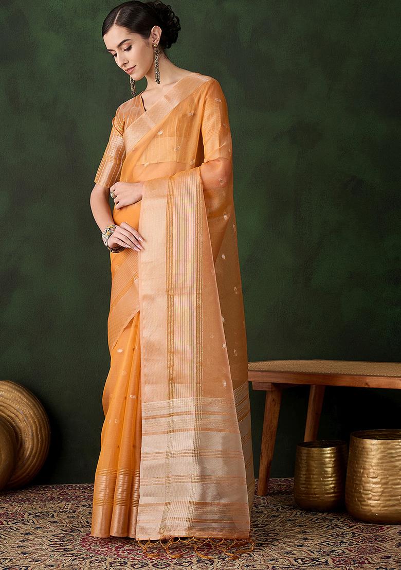 Orange Zari Woven Organza Saree Set