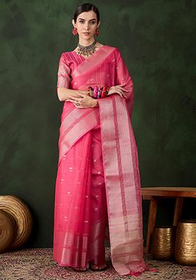 Pink Zari Woven Organza Saree Set