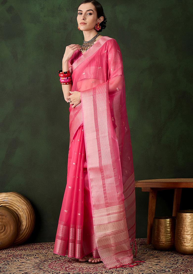 Pink Zari Woven Organza Saree Set