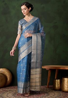 Teal Zari Woven Organza Saree Set