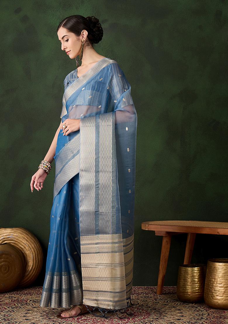Teal Zari Woven Organza Saree Set