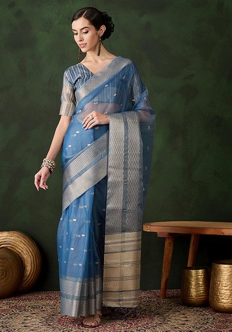 Teal Zari Woven Organza Saree Set