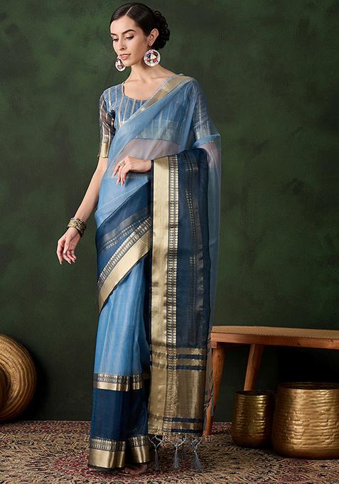 Blue Zari Woven Organza Saree Set