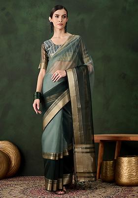 Green Zari Woven Organza Saree Set