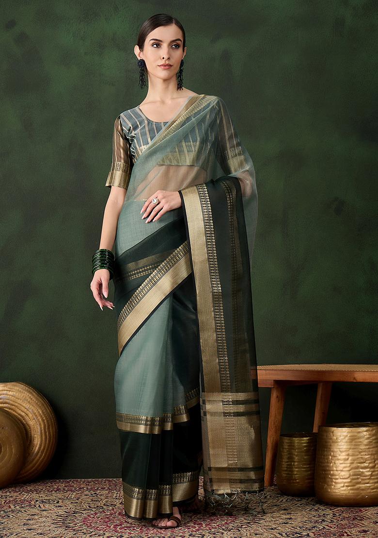 Green Zari Woven Organza Saree Set
