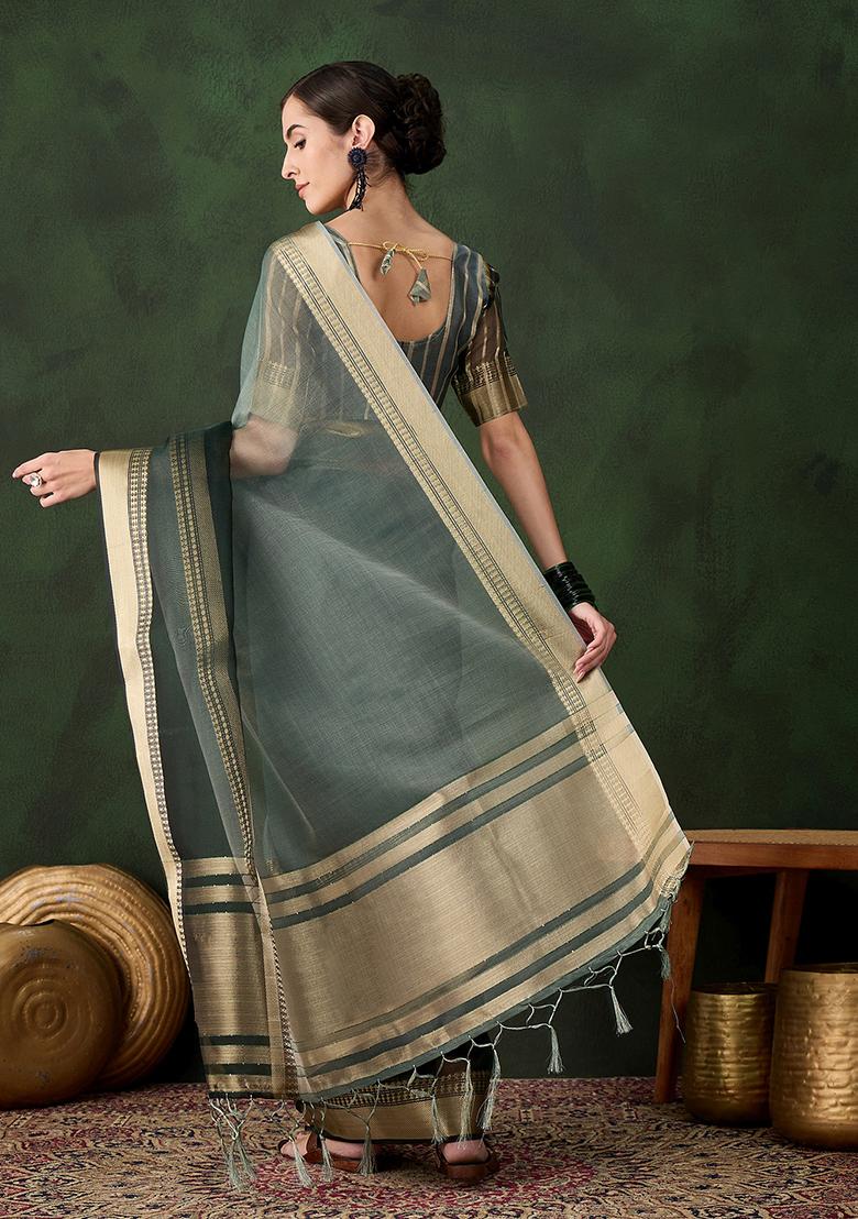 Green Zari Woven Organza Saree Set