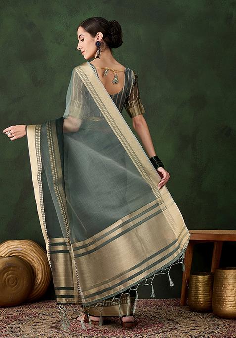 Green Zari Woven Organza Saree Set