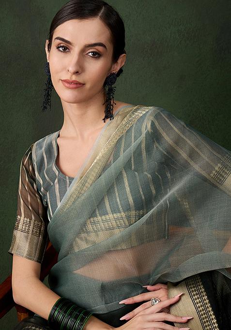 Green Zari Woven Organza Saree Set