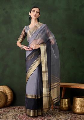 Grey Zari Woven Organza Saree Set