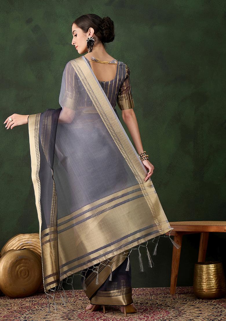 Grey Zari Woven Organza Saree Set