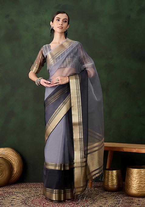 Grey Zari Woven Organza Saree Set