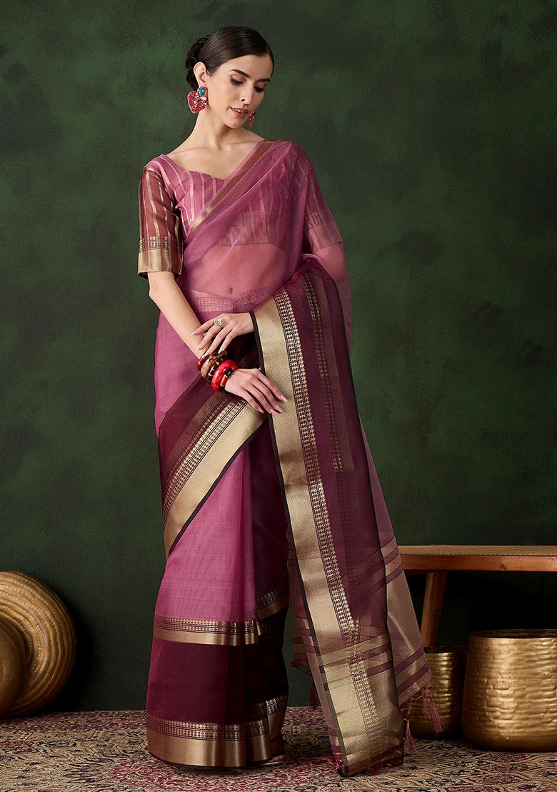 Wine Zari Woven Organza Saree Set