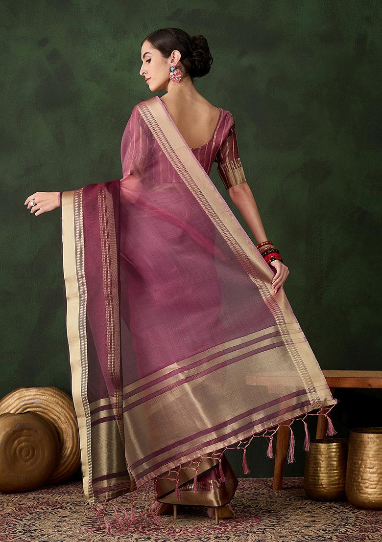 Wine Zari Woven Organza Saree Set
