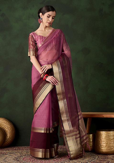 Wine Zari Woven Organza Saree Set