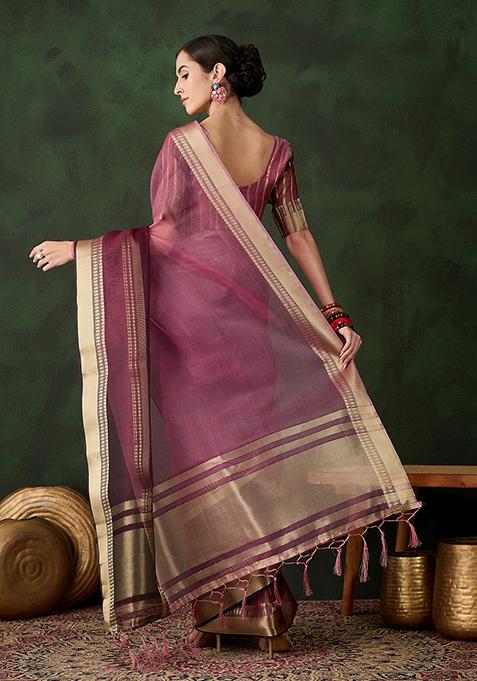 Wine Zari Woven Organza Saree Set