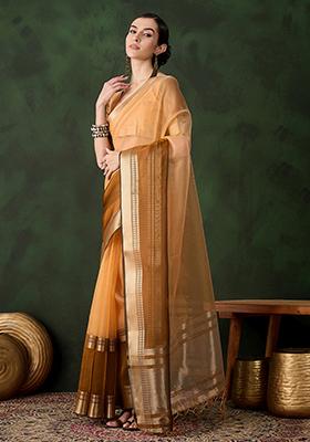 Yellow Zari Woven Organza Saree Set