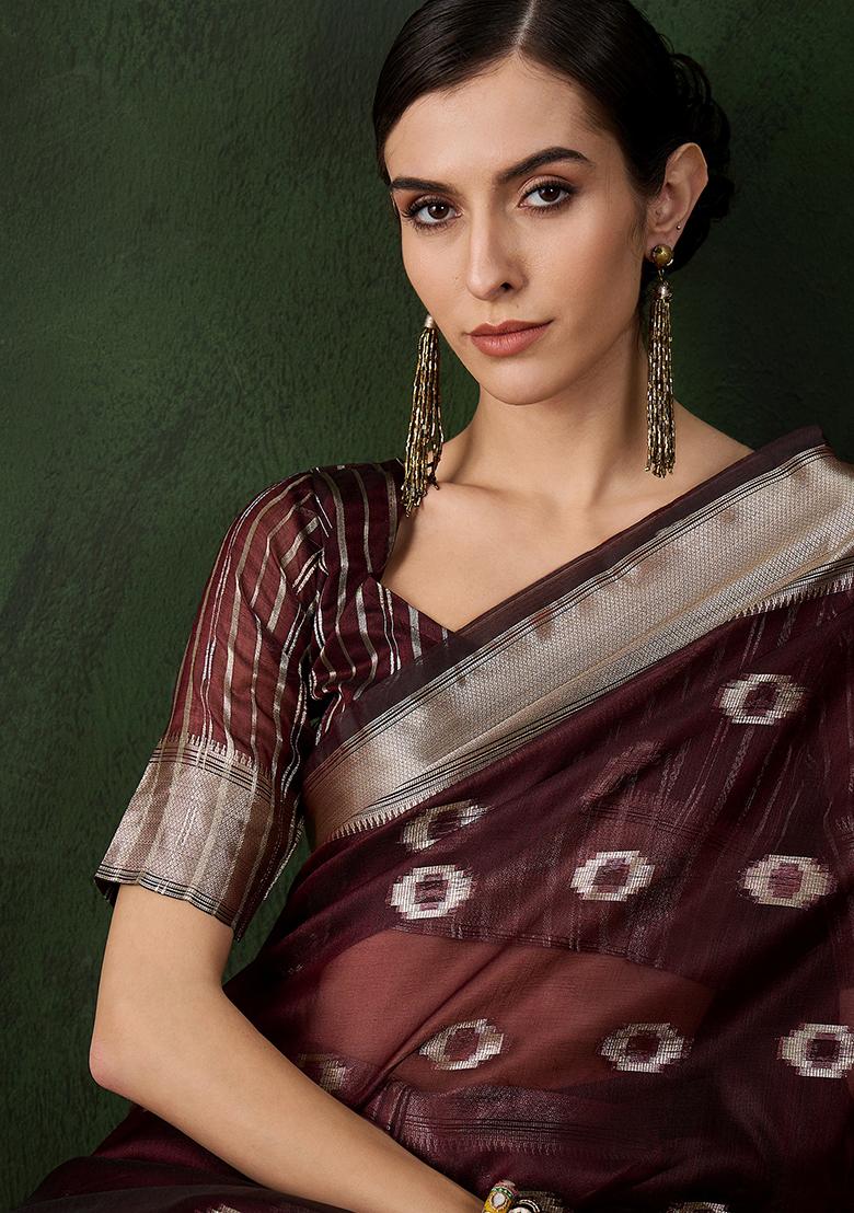 Burgundy Zari Woven Organza Saree Set