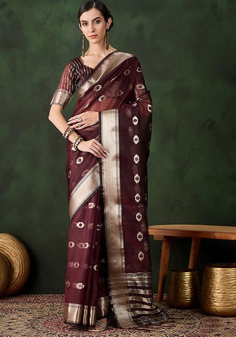 Burgundy Zari Woven Organza Saree Set