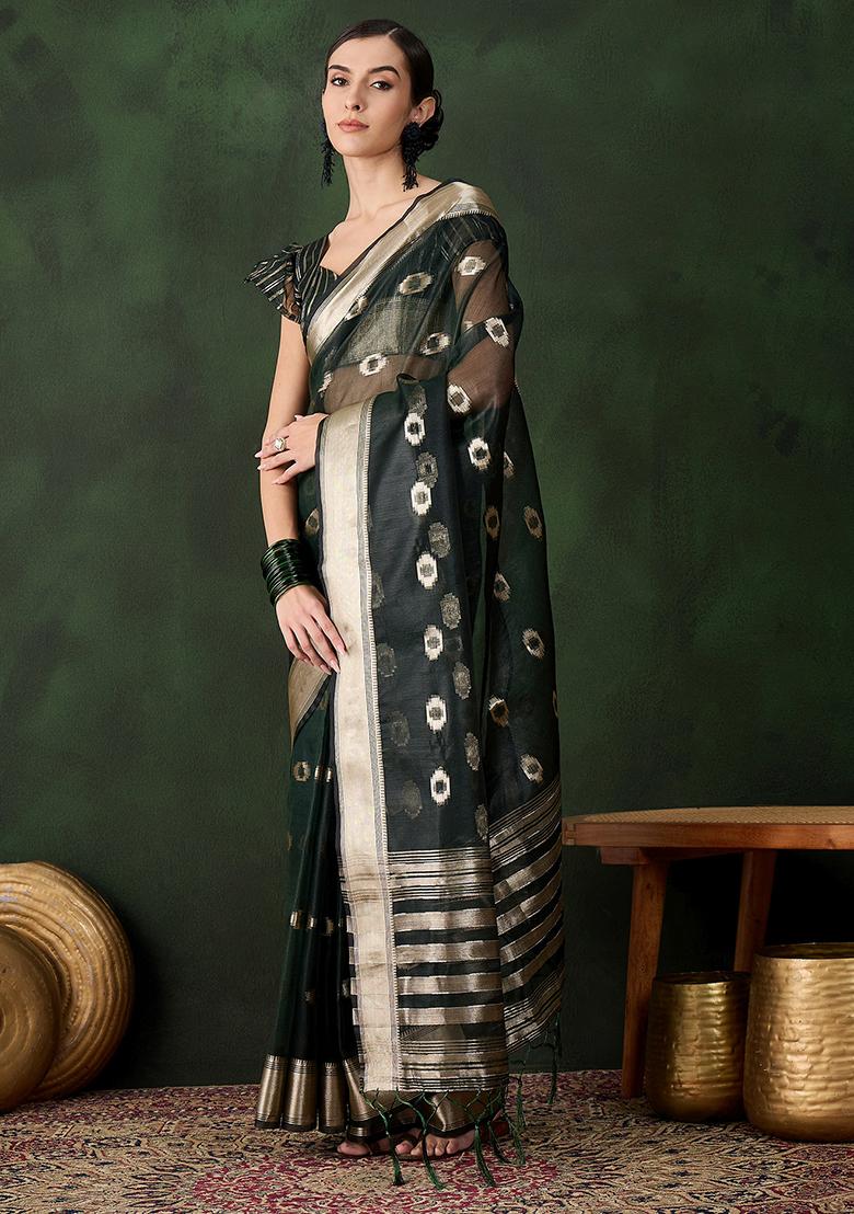 Green Zari Woven Organza Saree Set