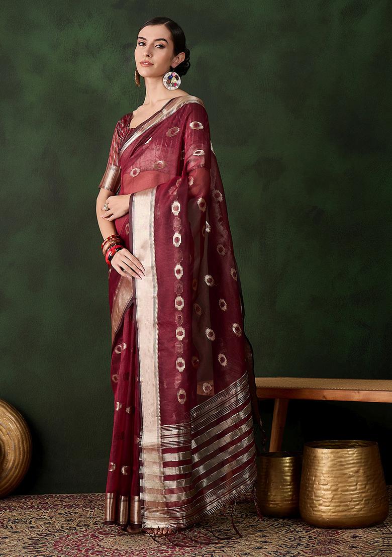 Maroon Zari Woven Organza Saree Set