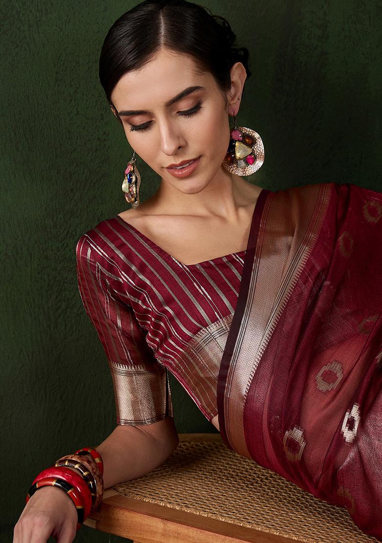Maroon Zari Woven Organza Saree Set
